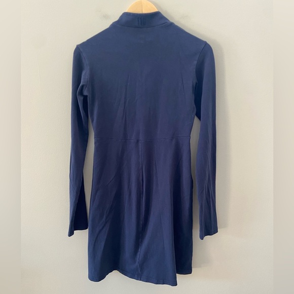 FIG Voyage Navy Blue Stretch Cotton Travel Long Sleeve Fitted Preppy Midi Dress - Picture 2 of 4